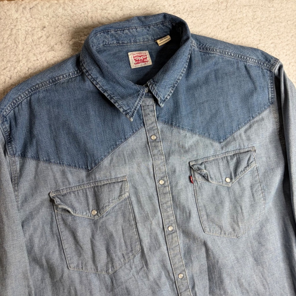 Levis Mens 4X Western Denim Shirt Two Tone Blue Pearl Snap Long Sleeve Cowpoke